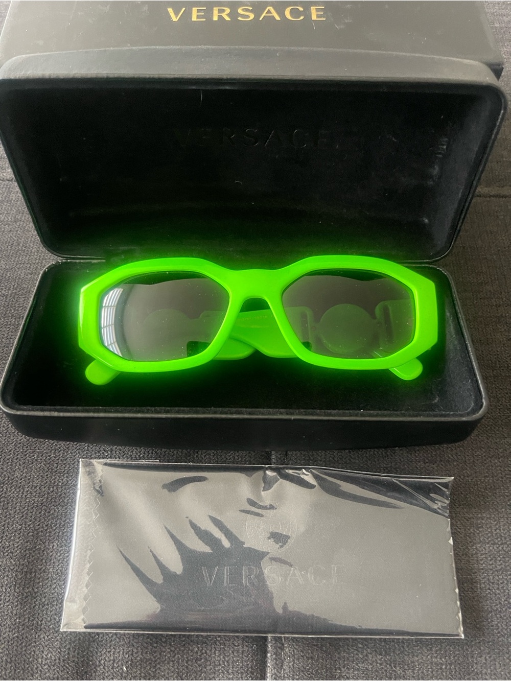 Versace Neon Green Rectangular Women's Sunglasses with Dark Lenses